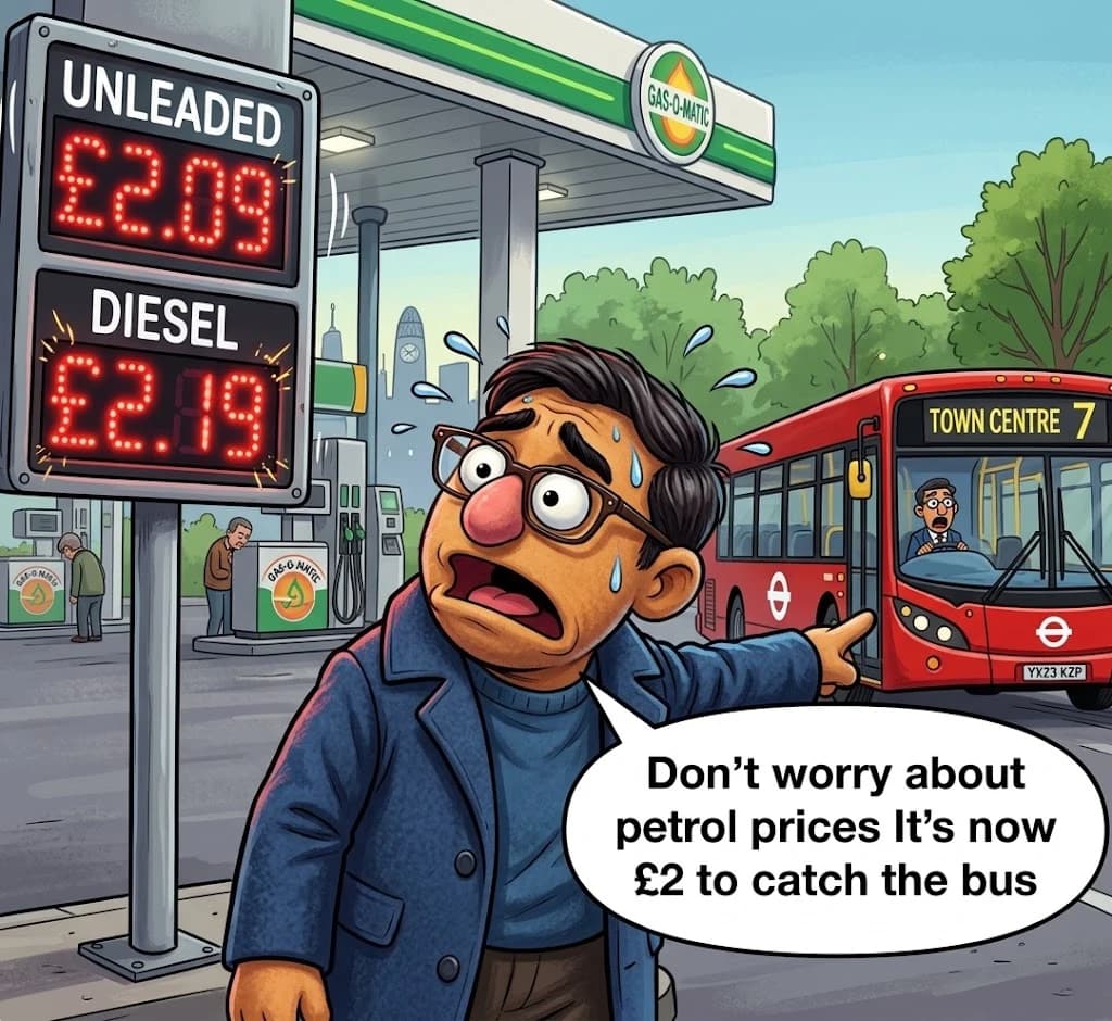 A cartoon character beside a petrol station price board showing £2.09 unleaded and £2.19 diesel, pointing at a bus and saying: Don't worry about petrol prices, it's now £2 to catch the bus. Select to enlarge.