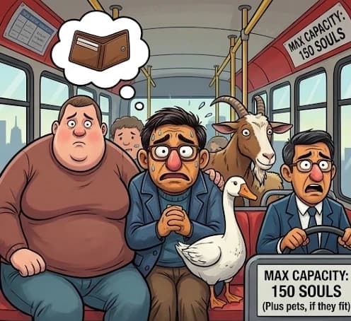 Cartoon panel: a worried character squeezed onto a crowded bus with a goat and a goose, thinking about his wallet. The sign says max capacity 150 souls, plus pets if they fit. Select to enlarge.