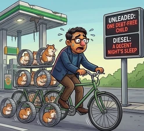 Cartoon panel: a character pedals a bicycle fitted with hamster wheels past a sign pricing unleaded in one debt-free child and diesel in a decent night's sleep. Select to enlarge.