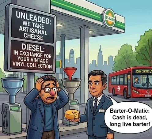 Cartoon panel: a character clutches his head at a barter-only pump where an attendant holds a wheel of cheese. The sign says unleaded costs artisanal cheese and diesel a vintage vinyl collection. Select to enlarge.