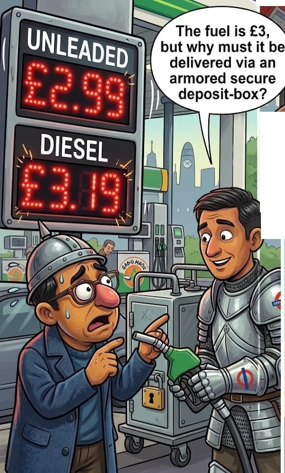 Cartoon panel: a worried character in a tin helmet points at a fuel nozzle held by a knight in armour beside a price board showing £2.99 unleaded and £3.19 diesel, asking why fuel at £3 must be delivered via an armoured secure deposit-box. Select to enlarge.