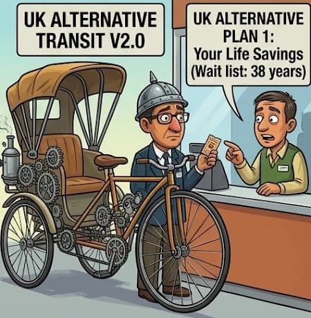 Cartoon panel: a character in a tin helmet stands by a steampunk bicycle-rickshaw labelled UK Alternative Transit V2.0, while a ticket-office worker says UK Alternative Plan 1 costs your life savings, with a 38-year wait list. Select to enlarge.