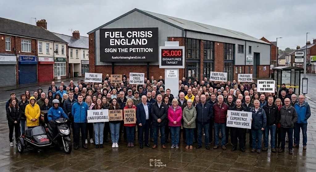 A large crowd gathered outside a building beside a board reading Fuel Crisis England, sign the petition, with a 25,000 signatures target. People hold signs including: Fuel is unaffordable; Heating or driving?; Fair fuel prices now; Share your experience, add your voice.